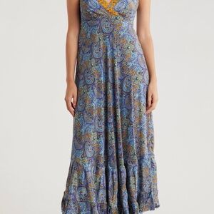 La Fiorentina Blue Paisley Maxi Dress with Yellow Trim
